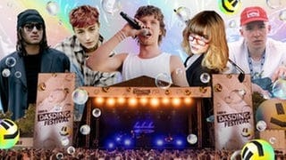 Die Festival-Acts Zartmann, Dilla, Filow, Jassin, Badchieff und Becks vor der Bühne des DASDING-Festivals