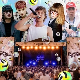 Die Festival-Acts Zartmann, Dilla, Filow, Jassin, Badchieff und Becks vor der Bühne des DASDING-Festivals